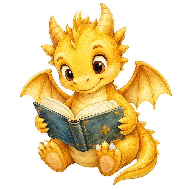 Friendly golden dragon reading a picture book — Storybook Coach's guide for the Read-Aloud Plan