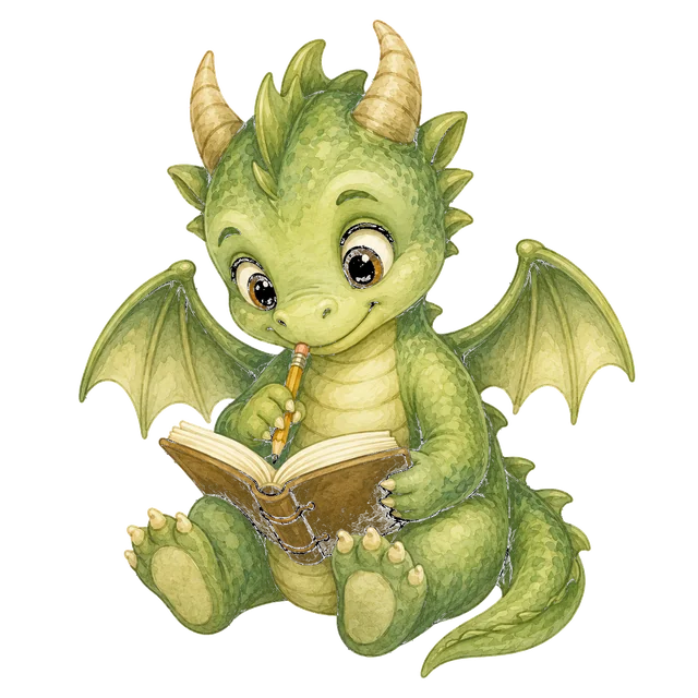 Sage-green dragon writing in a journal beside a growing plant — Storybook Coach's guide for the Shared Journal