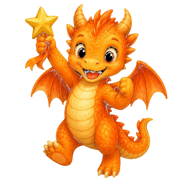 Warm orange dragon cheering with stars — Storybook Coach's celebration mascot