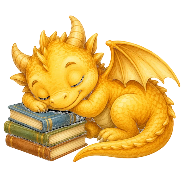 Sleeping lavender dragon curled up beside a stack of picture books with a small glowing lantern